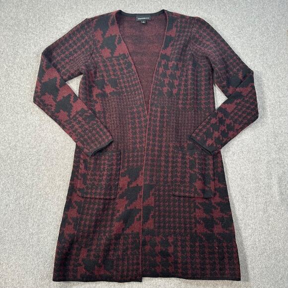 Fortune + Ivy Houndstooth Cardigan Sweaters Women's Small Burgundy/Black Long - Picture 1 of 7